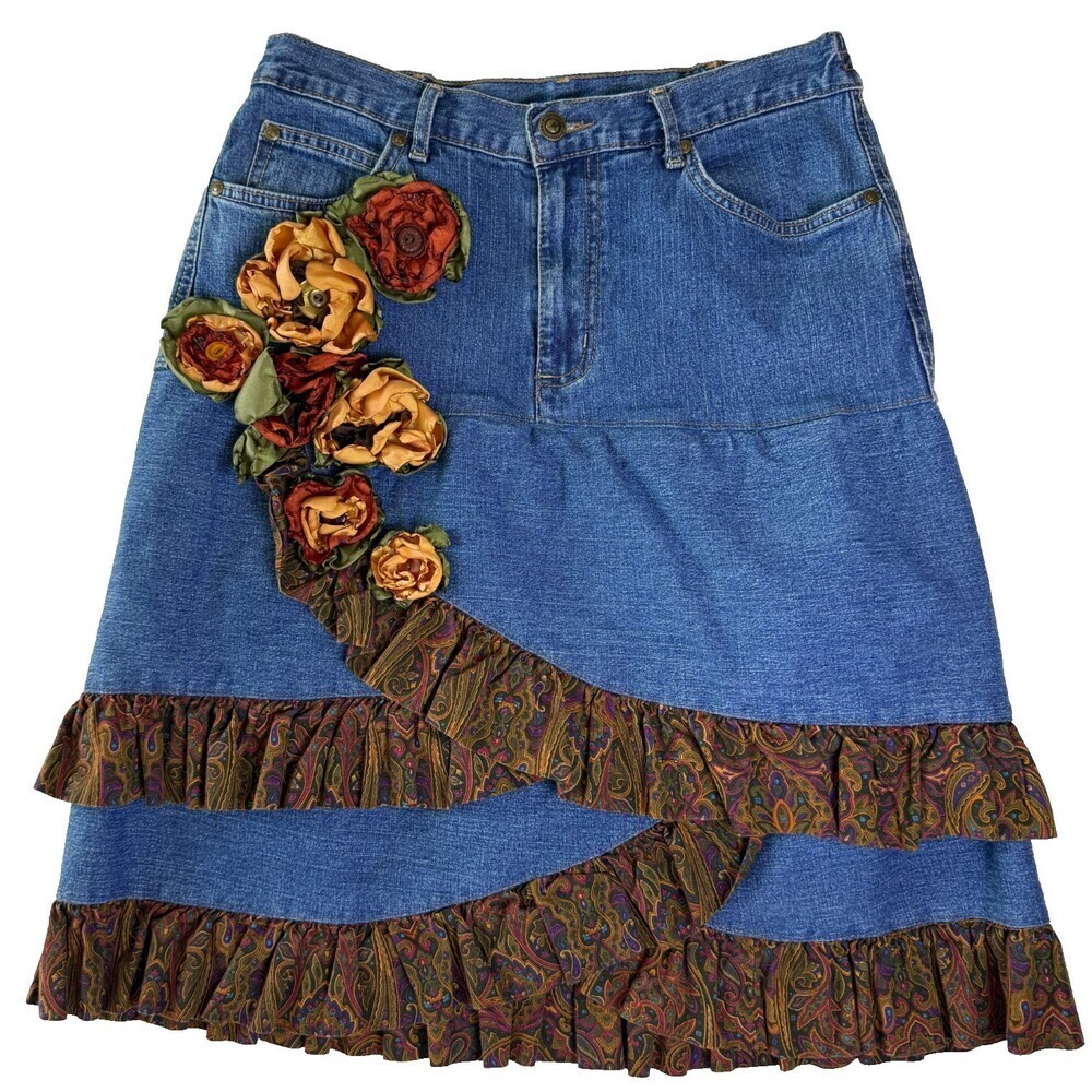 JM Collection Short Denim Skirt, Sz 6S, Flowers Roses Appliqued, Paisley Ruffles